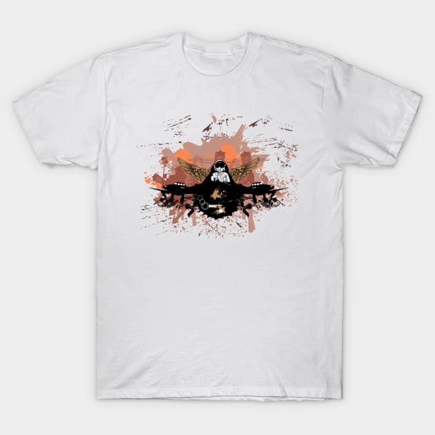 Graffiti layout, man wearing a gas mask and angel wings, splattered paint, dirty patterns, arrows, stars, geometric shapes and abstract decorations T-Shirt by aldyfmsh